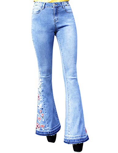 Women's Flared Fit Jeans Bell Bottom Denim Pants with Contrast Wash Hem Detail (Embroidered Blue, 4)