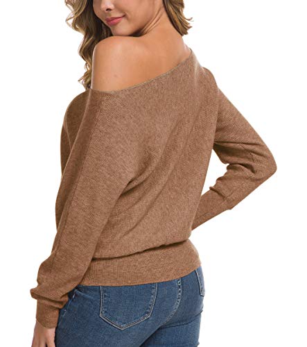 Feiersi Women's Off Shoulder Sweater Long Sleeve Loose Pullover Knit Jumper (Rose Red,Large)