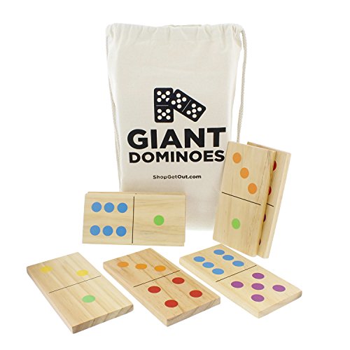 Get Out! Giant Wooden Dominoes 28-Piece Set with Bag – Jumbo Natural Wood & Colored Numbers – Kids Adults Outdoor Games