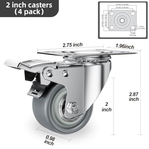 2 inch Caster Wheels, Casters Set of 4 Heavy Duty Locking Castors, Swivel Casters with Brake (Top Plate), Non Marking Grey TPR Castor Wheels for Cart Furniture Workbench