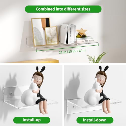 FEMELI 2 PCS 6" Acrylic Floating Shelves, Clear Shelf for Display, Plant, Perfume, Book in Bedroom Living Room Office, 5mm Thick Wall-Mounted Acrylic Shelves for Wall