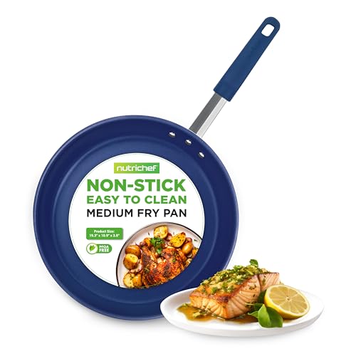 NutriChef 10" Medium Fry Pan - Medium Skillet Nonstick Frying Pan with Silicone Handle, Ceramic Coating, Blue Silicone Handle, Stain-Resistant And Easy To Clean, Professional Home Cookware