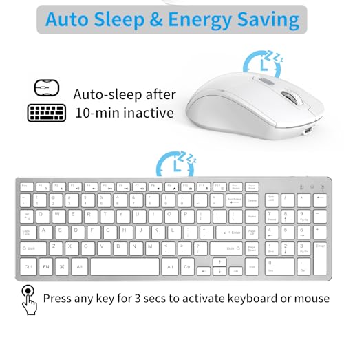 Wireless Keyboard Mouse Combo, Ultra Slim Computer Keyboard and 2400 DPI USB Silent Mouse with Invisible Light Design, Scissor Switch, for Laptop PC Chromebook Windows (KM202-Silver White)