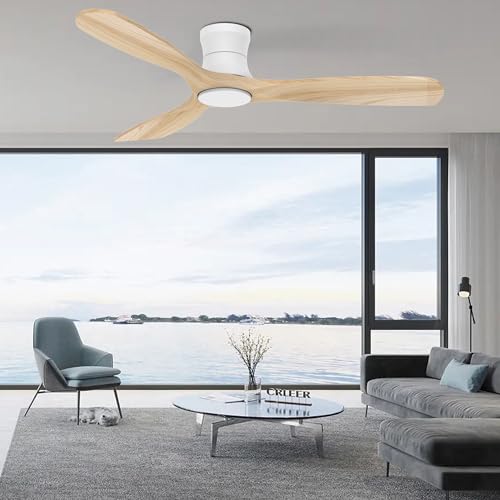 Livory Smart 52” Wood Flush Mount Ceiling Fans with Lights and Remote,Quiet DC Motor,Outdoor Indoor Ultra Low Profile Ceiling Fan works with Alexa WIFI APP,Modern White Ceiling Fan for Bedroom Patio