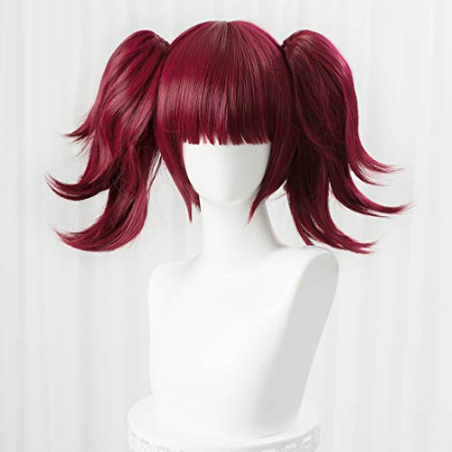 LABEAUTÉ Short Curly Red Pigtails Wig with Bangs for Women Girls Cosplay Wig for Halloween + Free Cap