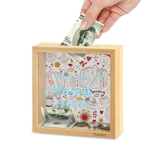Piggy Bank for Kids. Wooden Money Coin Bank for Boys and Girls. Coin Bank Money Bank. Natural Wood Money Box. Printed on The Plexiglass Front-Make Your Dreams Happen.