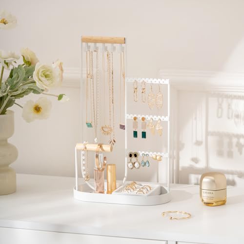 ProCase Jewelry Organizer Jewelry Holder Jewelry Stand with Velvet Ring Tray and Study Metal Frame, Necklace Holder Organizer Bracelet Display Storage Rack for Studs Rings -White
