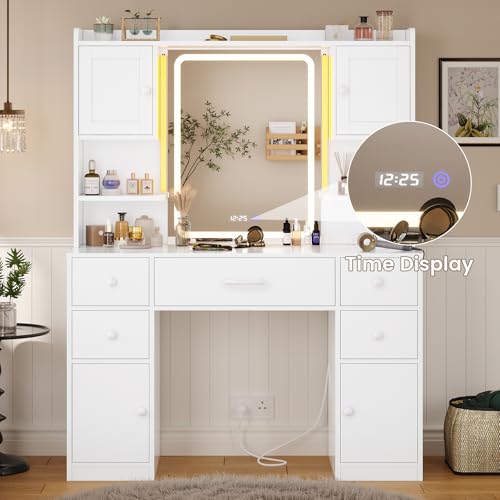 Tiptiper Large Vanity Desk with Mirror and Lights, Makeup Vanity with Lights and Charging Station, Vanity Table with Smart Mirror with Time Display, Makeup Table with 5 Drawers, White