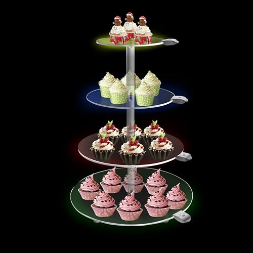 YLSMILE 4 Tier Round Cupcake Stand with LED, Acrylic Tower Display, Premium Holder Dessert Tree Tower for Wedding Birthday Baby Shower Tea Party (1pcs)