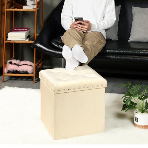 PINPLUS Beige Folding Storage Ottoman Cube, 16inch Velvet Tuffed Storage Ottoman, Foldable Foot Rest Stool with Rivet Tray, Shoes Box Toy Chest and Seat for Living Room, Bedroom
