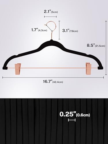 HOUSE DAY Velvet Pants Hangers with Clips 24 Pack, Ultra Thin Non Slip Velvet Skirt Hangers with Rose Gold Hooks Space Saving Clothes Hanger for Trouser, Skirts, Jeans, Dress, Coats (Black)