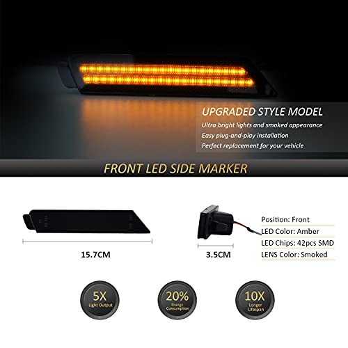 D-Lumina Smoked Lens LED Side Marker Lights Amber & Red Compatible for Chevy Camaro 2010-2015, Front Rear Bumper Sidemarker Lamps Reflectors, Turn Signal Amber & Brake Light Red, Pack of 4