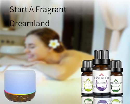 Essential Oil Diffuser with Essential Oils Set, 120ml 7 LED Colors Auto Shut-Off Humidifiers, Essential Oils-Lavender Tea Tree Peppermint, Mist Aromatherapy for Home Office Yoga Spa, Black Wood Grain
