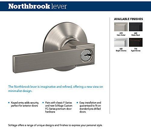 Schlage F51A NBK 619 COL Northbrook Lever with Collins Trim Keyed Entry Lock, Satin Nickel