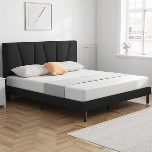 Molblly Queen Bed Frame Upholstered Platform with Headboard and Strong Wooden Slats, Strong Weight Capacity, Non-Slip and Noiseless,No Box Spring Needed, Easy Assembly,Dark Grey