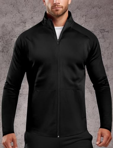 Mens Zip Up Jacket Athletic Workout(Black,S)