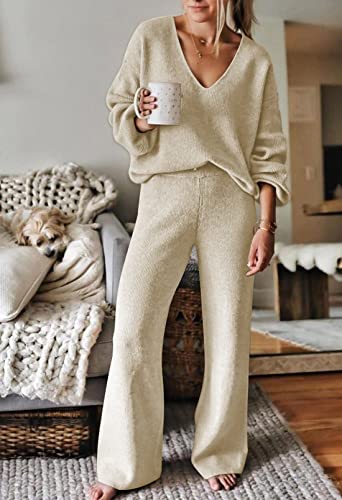 Viottiset Women's 2 Piece Outfits Sweater Sets Lounge Set V Neck Knit Top Wide Leg Pants Sweatsuit Purple Grey M