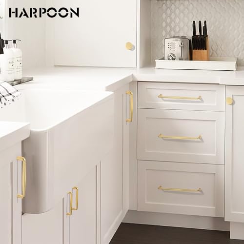 HARPOON Cabinet Knobs 1.3 Inch Round Knob Modern Pull Drawer Handle Wardrobe Cabinet Hardware 6 Pack Brushed Gold