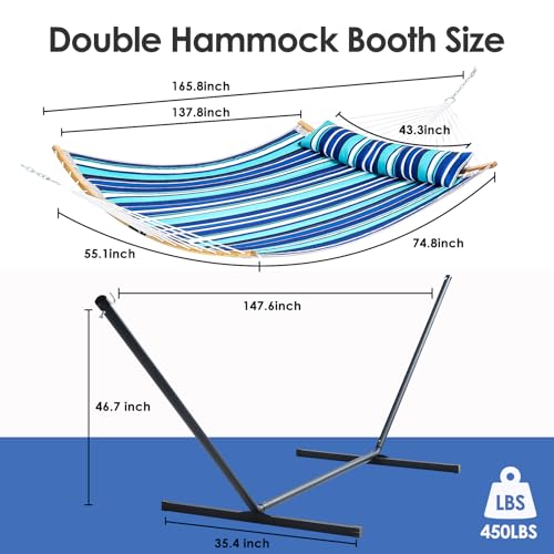 Touchat Double Hammock with Stand Heavy Duty, 480 LB Capacity Two Person Portable Hammock with Pillow, Curved-Bar, Portable Storage Bag, Anti-Rollover Design for Outside & Indoor