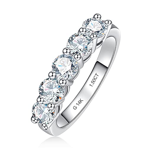 CADYNO 14K White Gold Moissanite Half Eternity Band Ring 1.5ct D Color Lab Grown Created Diamond Solid Real Gold Wedding Engagement Anniversary Promise Ring for Women 5