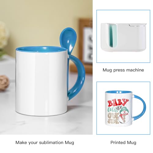 AGH Sublimation Coffee Mugs Blank 11 oz, White Straight Ceramic Cups with Blue Interior, Handle, Spoon, Bulk Bundle Set of 12