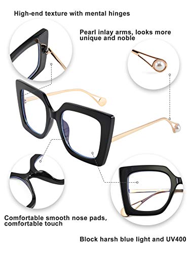 FEISEDY Oversized Square Anti Blue Light Glasses Block Eye Strain Glare Pearl Inlay Arm Cat Eye Fashion Glasses B2639