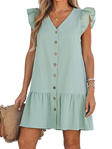 CUPSHE Women's Ruffled Trim Button-Front Mini Dress Sleeveless Mini Dresses Casual Summer M Green