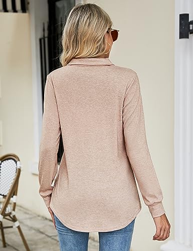 Micoson Women's Casul Long Shirts To Wear With Leggings Lapel V Neck Pullover Cotton Tunics to Wear with Leggings Ladies Tops Navy Blue L