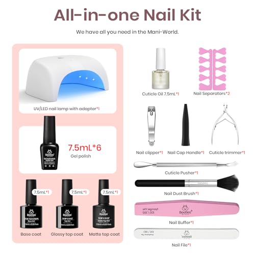 Beetles Gel Nail Polish Kit with Uv Light Base Gel Top Coat, 6 Colors Nude Neutral Gel Polish Starter Kit, Soak off Led Gel Polish Set DIY Manicure Home Nail Essentials Gift for Girls Women