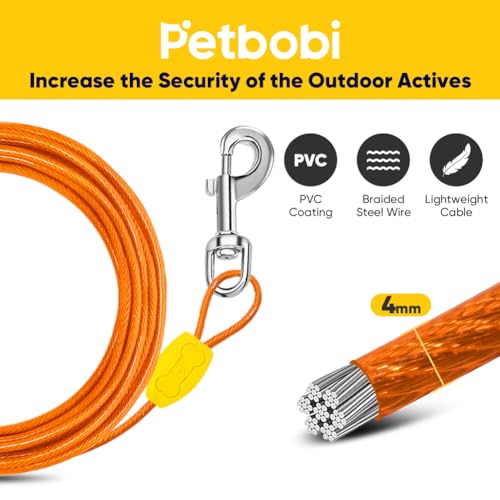 Petbobi Dog Tie Out Cable and Stake 15ft - Outdoor Dog Yard Leash, No Tangle, 16in Ground Stake for Yard, Camping and Beach, Suitable for Small Medium Dogs Up to 20lbs, Orange
