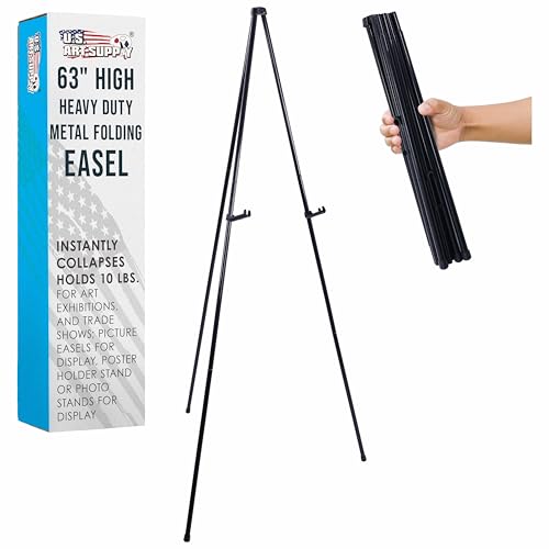 U.S. Art Supply 63" High Heavy Duty Steel Easy Folding Display Easel (Pack of 6 Easels) - Adjustable Height Display Holders - Portable Tripod Stand, Presentations, Event Signs, Posters, Holds 10 lbs