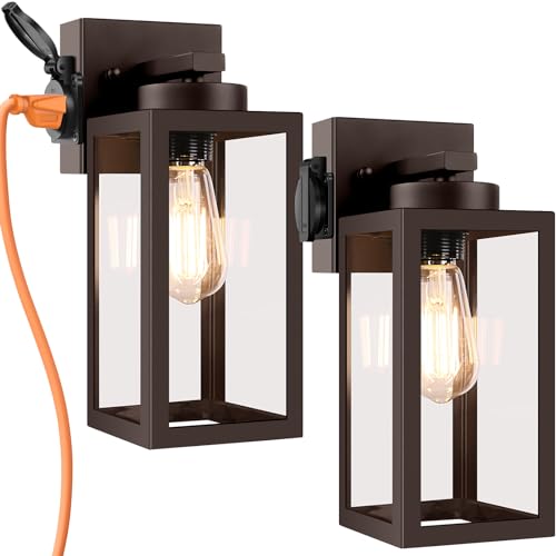 Bdrofn 2-Pack Dusk to Dawn Outdoor Light Fixtures,Outdoor Wall Lights with Outlet Sensor,Bronze Exterior Porch Lights Waterproof Outdoor Wall Sconce,Outside Lights for House,Garage,Front Door