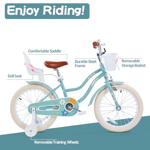 JMMD Girls Bike Ages 4-12 Years Old, Kids Bike for Toddlers with Basket & Training Wheels, 12 14 16 18 20 24 Inch Kids Bicycle with Handbrake & Kickstand, Mint