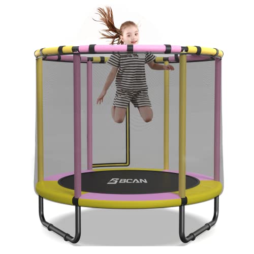 BCAN 60'' Mini Trampoline for Kids, 5FT Toddler Trampoline - Indoor/Outdoor Use with Enclosure Net, Thicker Foam Handle, Adjustable Gymnastics Bars, Basketball Hoop, Gifts for Boys & Girls