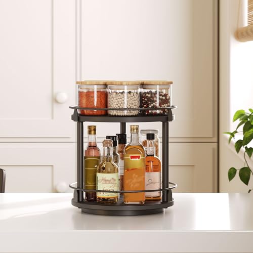 YATINEY Lazy Susan Organizer, Rotating Spice Rack, 2 Tier Spice Turntable Organizer, Industrial Turntable Spice Holder, for Kitchen Countertop and Cabinet, Compact and Versatile, Black SR22BK