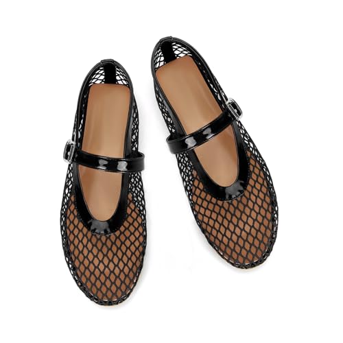 DOEYG Mesh Ballet Flats for Women Round Toe Mesh Flats Ballet Shoes Buckle Strap Mesh Mary Jane Flats Comfy Casual Office Summer Fishnet Ballerina Flats Shoes Gold