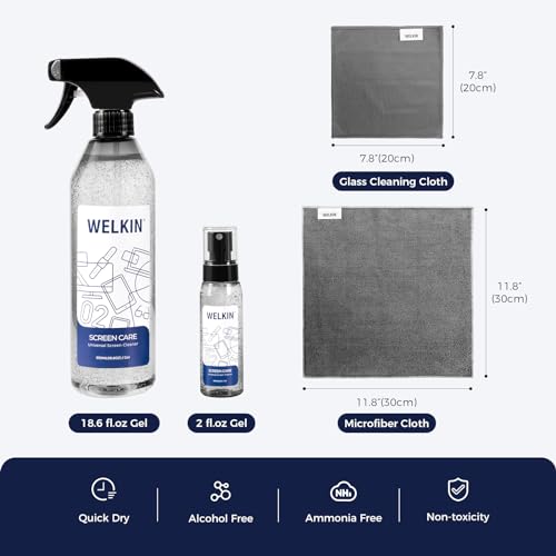 WELKIN Screen Cleaner Spray Kit(250ml + 60ml)- Cleaning Gel for TV, Laptop, Computer, Phone Touchscreen -2 Sprayers,1 Microfiber Cloth & 1 Glass Wipe