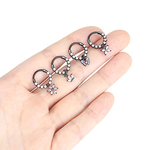 Qmcandy 4pcs Stainless Steel 16G Septum Clicker Hinged Segment Ring with Dangle Butterfly Star Crown, Black 3/8"