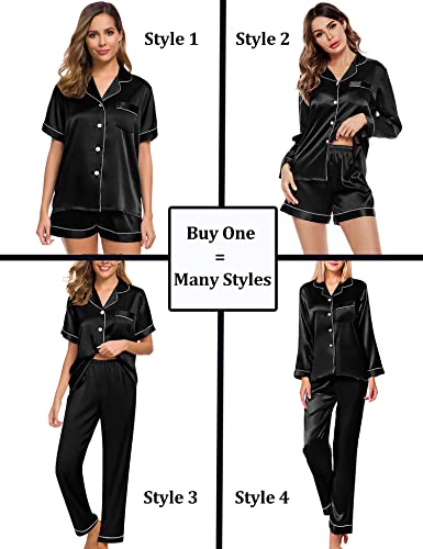 SWOMOG Women 4Pcs Silk Pajamas Set Button Down Sleepwear Loungewear Pj Sets for Ladies Nightwear White Large