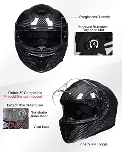 ILM Carbon Fiber Motorcycle Helmets Lightweight Full Face Dual Visor Helmet with Rear Wing Pinlock Compatible Motorbike Street Bike DOT ECE Men Women Model 861C (CarbonFiber3K, S)