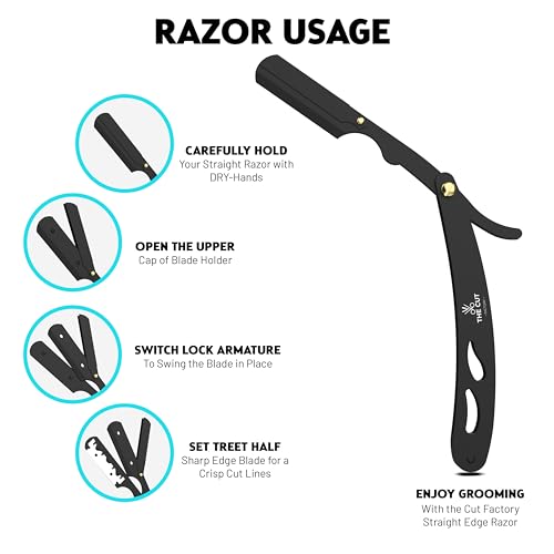 The Cut- Factory- Straight Razor with 100 Pack Platinum Treat Professional Barber Single Blade Edge Razors for Men for Close Shaving 100 Percent Stainless Steel-Black