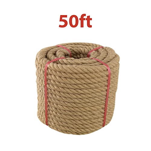 Ganggend Jute Rope (1 in X 50 ft), Thick Twisted Manila Ropes, Natural Heavy Duty Hemp Rope for Swing Bed, Crafts, Railing, Tug of War, Landscaping, Gardening, Bundling, Hammock, Home Decorating