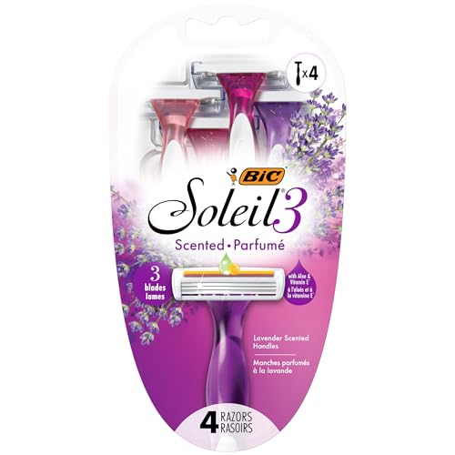 BIC Soleil Smooth Scented Women’s Disposable Razor, 3 Blades with a Moisture Strip For a Silky Shave, Assorted, 4 Piece Razor Set