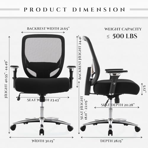 COLAMY Big and Tall Office Chair 500lbs, Heavy Duty Ergonomic Mesh Chair, Computer Executive Desk Chair with Wide Thick Seat, 4D Armrests, Adjustable Lumbar Support and Tilt-Black