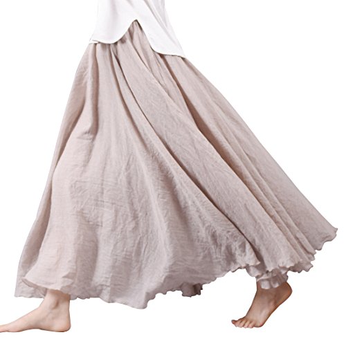Kafeimali Women Bohemian Cotton Linen Double Layer Elastic Waist Long Maxi Skirt (Beige, 85CM-Length)