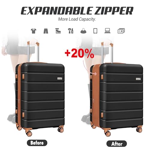 KEYTANG SmileLine Hardside Expandable Luggage W/Quick Access Front Open Pocket Lightweight Carry-on with Makeup Bag, Black, 3 Piece Set