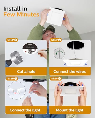 Adetu 4 Inch Square Led Recessed Lighting 5CCT LED Recessed Light with Junction Box,2700K-5000K Selectable,10W 860LM Brightness,Dimmable Canless Downlight - ETL Certified and Energy Star