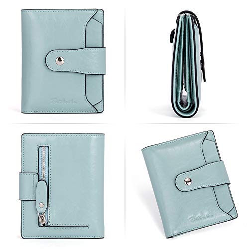 BOSTANTEN Women Leather Wallet RFID Blocking Small Bifold Zipper Pocket Wallet Card Case Purse with ID Window Blue
