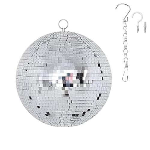 Large Disco Ball Decorations, 70's 80's 90's Silver Rotating Glass Mirror Ball with Hanging Ring, for Party Birthday Wedding Home Business Events (12 INCH)
