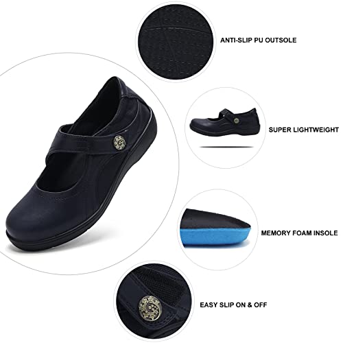 UZB MARY JANE SHOES WOMEN'S MEMORY FOAM ORTHOPEDIC OFFICE & WORK SHOES - NON SLIP CASUAL FLATS WITH HOOK AND LOOP CLOSURE, NAVY, 6 US